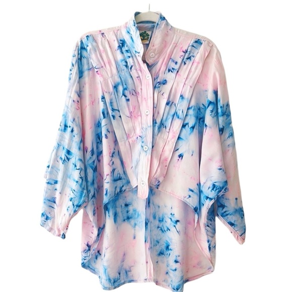 Vintage Tops - Vintage Oversized Pink & Blue Tie Dye Button Up Shirt